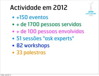 Actividade em 2012
• +150 eventos
• + de 1700 pessoas servidas
• + de 100 pessoas envolvidas
• 51 sessões "ask experts"
• 82 workshops
• 33 palestras
Friday, June 28, 13
 