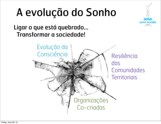 A evolução do Sonho
Evolução da
Consciência Resiliência
das
Comunidades
Territoriais
Organizações
Co-criadas
Ligar o que está quebrado...
Transformar a sociedade!
Friday, June 28, 13
 
