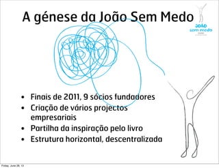 • Finais de 2011, 9 sócios fundadores
• Criação de vários projectos
empresariais
• Partilha da inspiração pelo livro
• Estrutura horizontal, descentralizada
A génese da João Sem Medo
Friday, June 28, 13
 