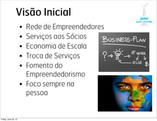 Visão Inicial
• Rede de Empreendedores
• Serviços aos Sócios
• Economia de Escala
• Troca de Serviços
• Fomento do
Empreendedorismo
• Foco sempre na
pessoa
Friday, June 28, 13
 