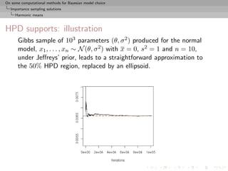 On some computational methods for Bayesian model choice
  Importance sampling solutions
     Harmonic means



HPD supports: illustration
      Gibbs sample of 103 parameters (θ, σ 2 ) produced for the normal
      model, x1 , . . . , xn ∼ N (θ, σ 2 ) with x = 0, s2 = 1 and n = 10,
      under Jeﬀreys’ prior, leads to a straightforward approximation to
      the 50% HPD region, replaced by an ellipsoid.
 