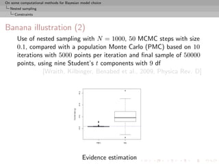 On some computational methods for Bayesian model choice
  Nested sampling
     Constraints



Banana illustration (2)
      Use of nested sampling with N = 1000, 50 MCMC steps with size
      0.1, compared with a population Monte Carlo (PMC) based on 10
      iterations with 5000 points per iteration and ﬁnal sample of 50000
      points, using nine Student’s t components with 9 df
                [Wraith, Kilbinger, Benabed et al., 2009, Physica Rev. D]




                                            Evidence estimation
 