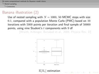 On some computational methods for Bayesian model choice
  Nested sampling
     Constraints



Banana illustration (2)
      Use of nested sampling with N = 1000, 50 MCMC steps with size
      0.1, compared with a population Monte Carlo (PMC) based on 10
      iterations with 5000 points per iteration and ﬁnal sample of 50000
      points, using nine Student’s t components with 9 df
                [Wraith, Kilbinger, Benabed et al., 2009, Physica Rev. D]




                                              E[X1 ] estimation
 