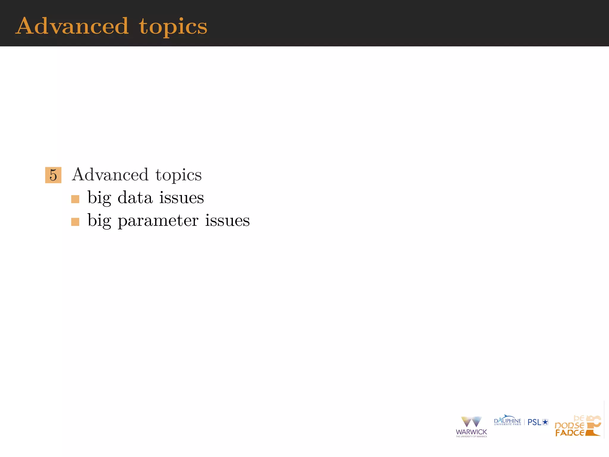 Advanced topics
5 Advanced topics
big data issues
big parameter issues
 
