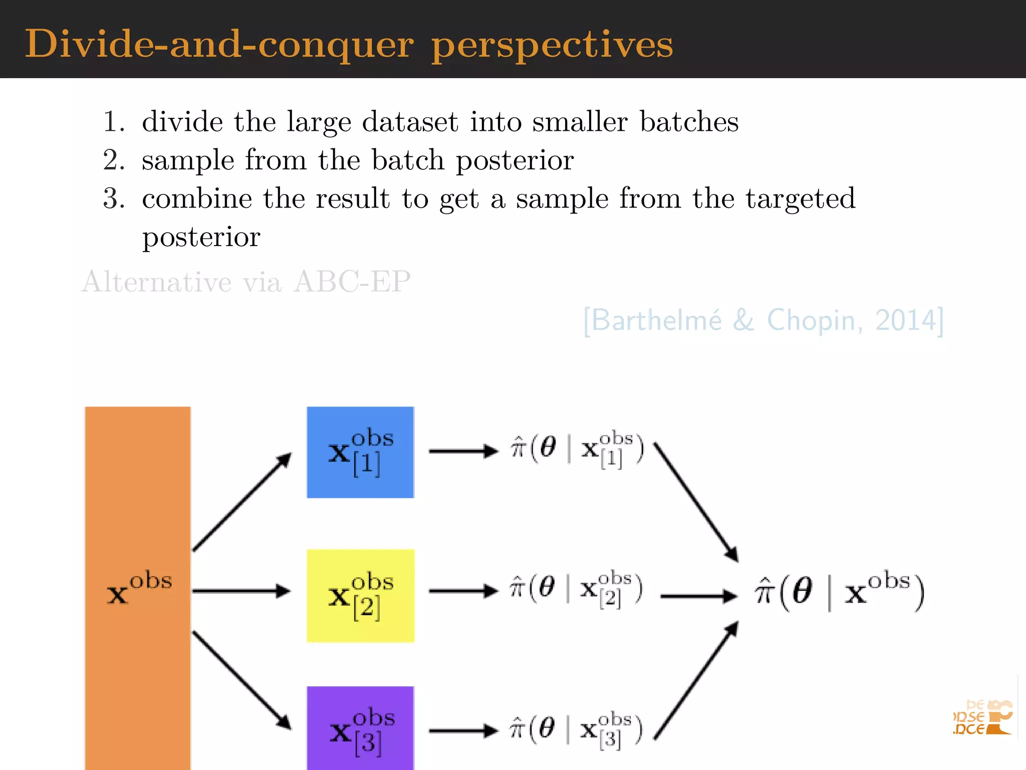 Divide-and-conquer perspectives
1. divide the large dataset into smaller batches
2. sample from the batch posterior
3. combine the result to get a sample from the targeted
posterior
Alternative via ABC-EP
[Barthelm´e & Chopin, 2014]
 