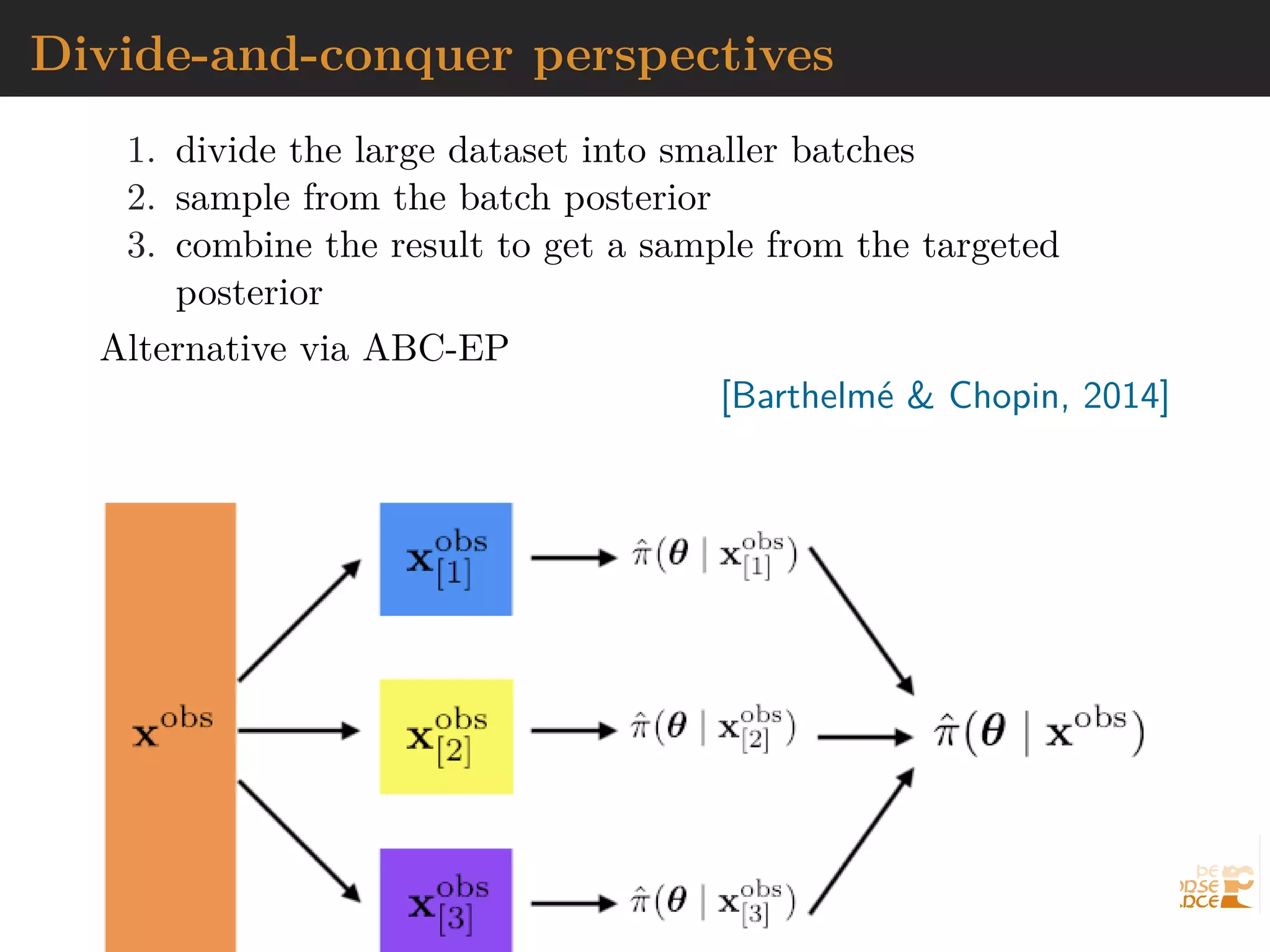 Divide-and-conquer perspectives
1. divide the large dataset into smaller batches
2. sample from the batch posterior
3. combine the result to get a sample from the targeted
posterior
Alternative via ABC-EP
[Barthelm´e & Chopin, 2014]
 