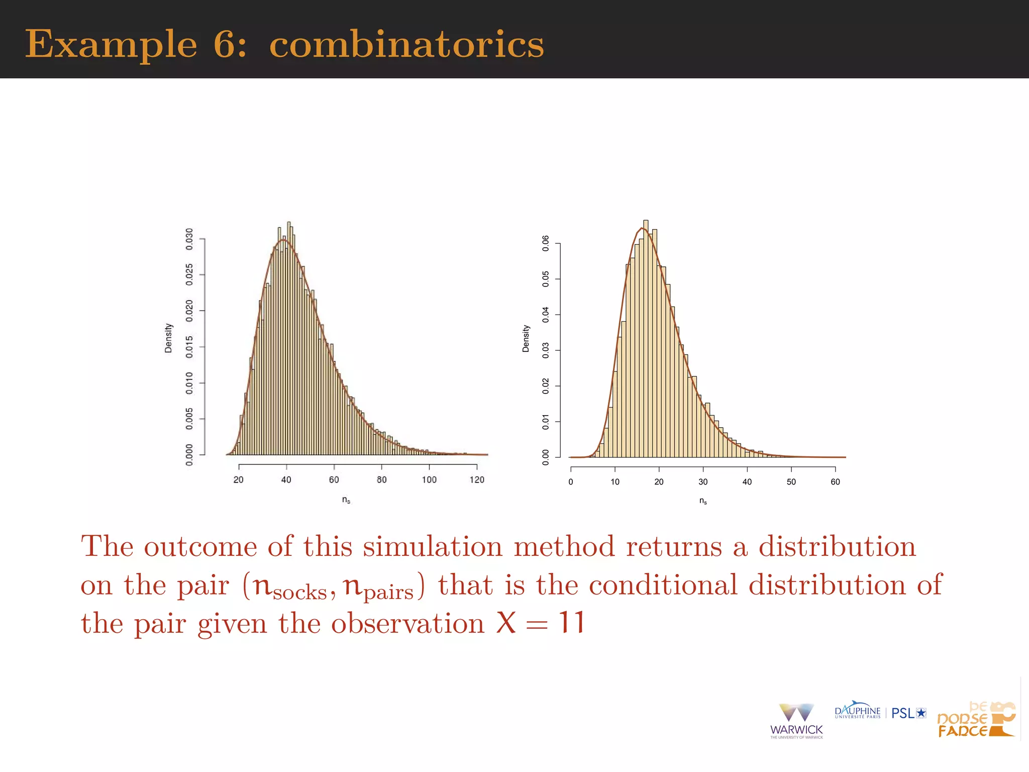 Example 6: combinatorics
ns
Density
0 10 20 30 40 50 60
0.000.010.020.030.040.050.06
The outcome of this simulation method returns a distribution
on the pair (nsocks, npairs) that is the conditional distribution of
the pair given the observation X = 11
 