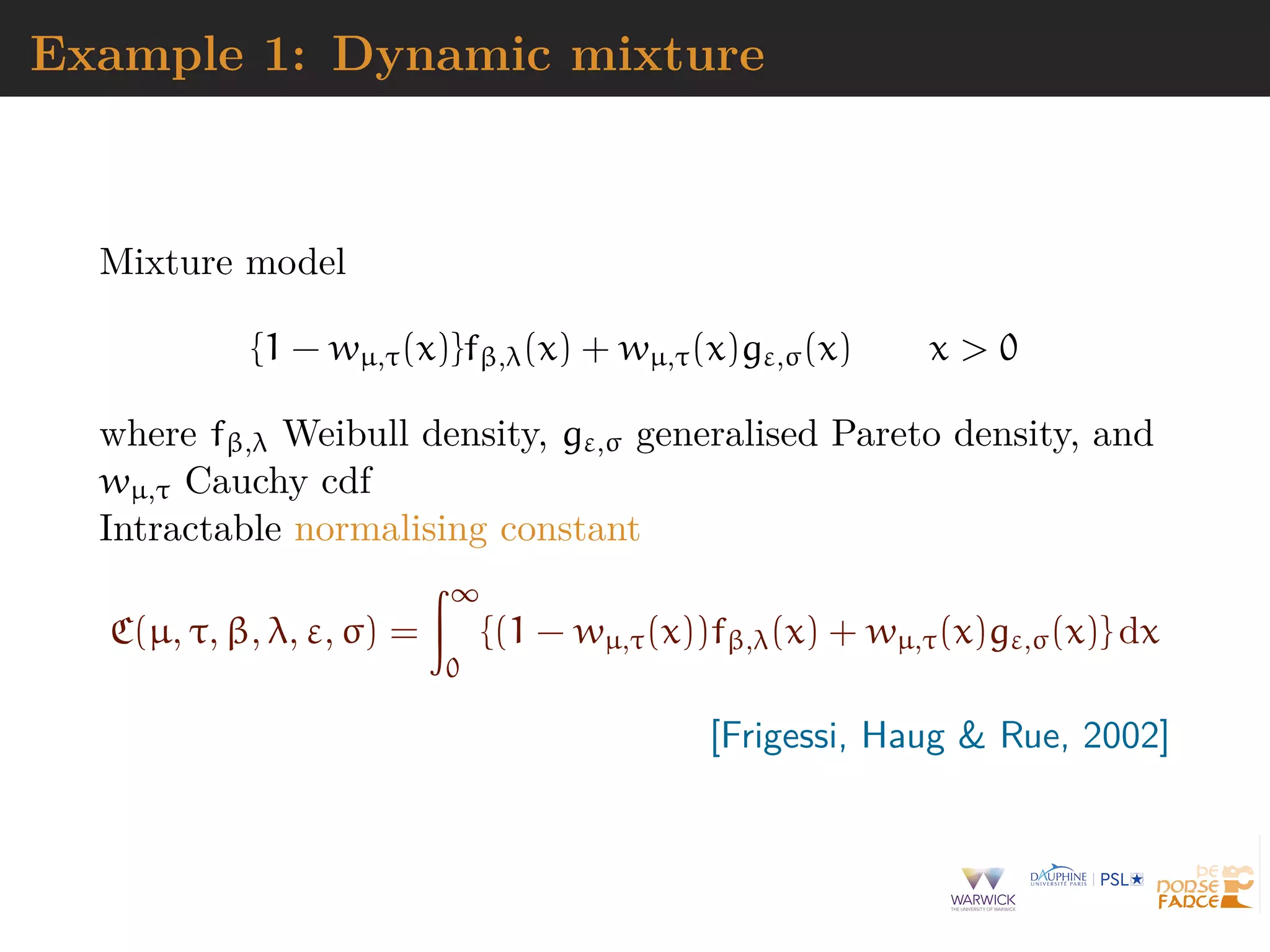 Example 1: Dynamic mixture
Mixture model
{1 − wµ,τ(x)}fβ,λ(x) + wµ,τ(x)gε,σ(x) x > 0
where fβ,λ Weibull density, gε,σ generalised Pareto density, and
wµ,τ Cauchy cdf
Intractable normalising constant
C(µ, τ, β, λ, ε, σ) =
∞
0
{(1 − wµ,τ(x))fβ,λ(x) + wµ,τ(x)gε,σ(x)} dx
[Frigessi, Haug & Rue, 2002]
 
