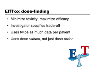 EffTox dose-finding
 • Minimize toxicity, maximize efficacy
 • Investigator specifies trade-off
 • Uses twice as much data per patient
 • Uses dose values, not just dose order
 