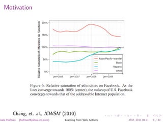 Motivation




        Chang, et. al., ICWSM (2010)
Jake Hofman   (hofman@yahoo-inc.com)   Learning from Web Activity   JSM, 2011.08.01   9 / 42
 
