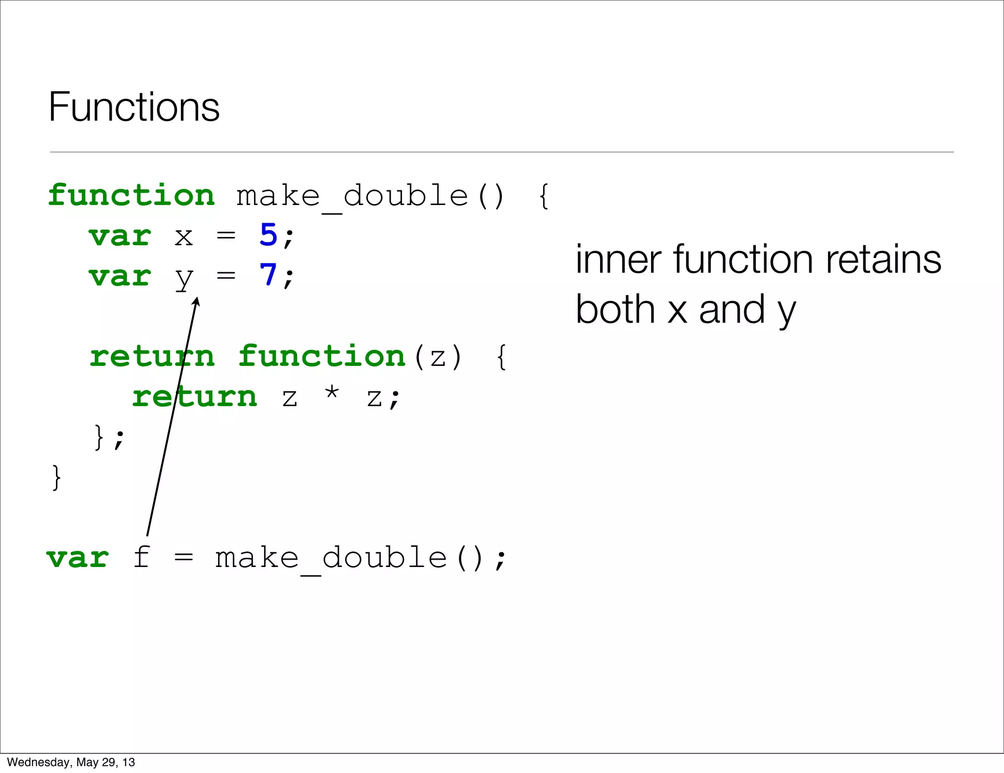 Functions function make_double() { var x = 5; var y = 7; return function(z) { return z * z; }; } var f = make_double(); inner function retains both x and y Wednesday, May 29, 13 