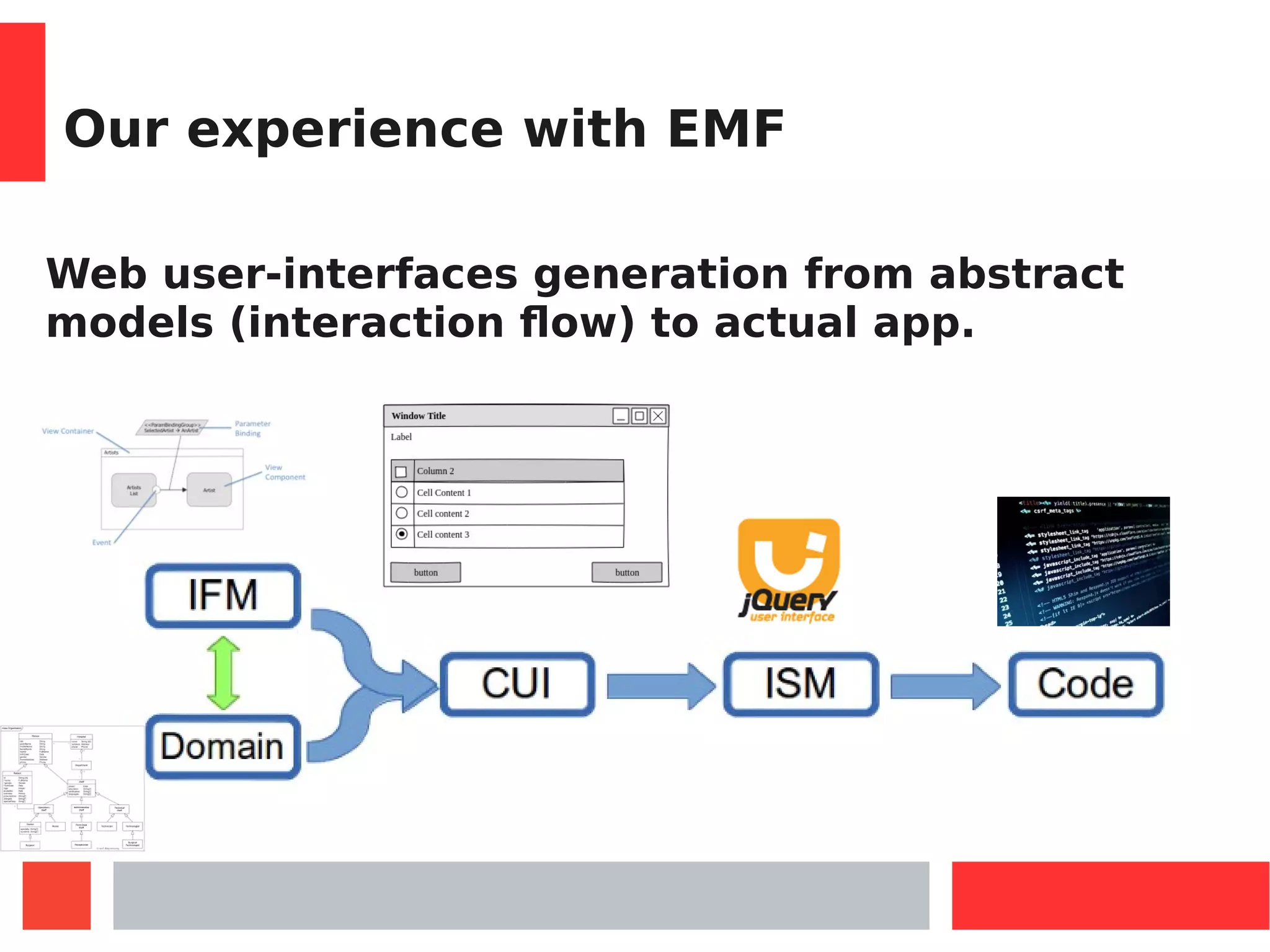 Our experience with EMF
Web user-interfaces generation from abstract
models (interaction flow) to actual app.
 