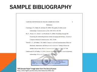 SAMPLE BIBLIOGRAPHY
"APA Sample Paper" image taken from The Owl at Purdue:
http://owl.english.purdue.edu/owl/resource/560/18/
 