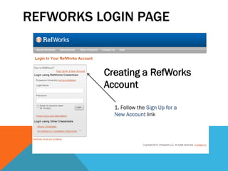 REFWORKS LOGIN PAGE
1. Follow the Sign Up for a
New Account link
Creating a RefWorks
Account
 