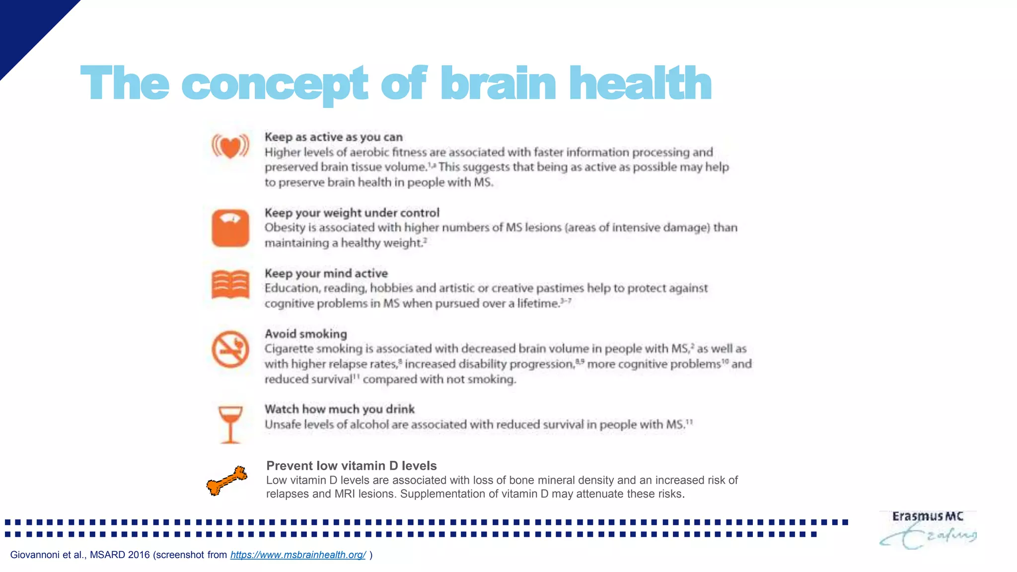 The concept of brain health
Giovannoni et al., MSARD 2016 (screenshot from https://www.msbrainhealth.org/ )
Prevent low vitamin D levels
Low vitamin D levels are associated with loss of bone mineral density and an increased risk of
relapses and MRI lesions. Supplementation of vitamin D may attenuate these risks.
 