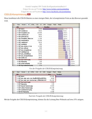 Joomla! template JSN Tendo Konfigurationshandbuch ©
                        Folgen Sie uns auf Twitter http://www.twitter.com/joomlashine
                      Folgen Sie uns auf Facebook http://www.facebook.com/joomlashine
CSS/JS-Komprimierung
Diese kombiniert alle CSS/JS-Dateien zu einer einzigen Datei, die in komprimierter Form an den Browser gesendet
wird.




                                 Vor der Freigabe der CSS/JS-Komprimierung




                                Nach der Freigabe der CSS/JS-Komprimierung
Mit der Freigabe der CSS/JS-Komprimierung, können Sie die Leistung Ihrer Webseite auf etwa 35% steigern.




                                                     101
 