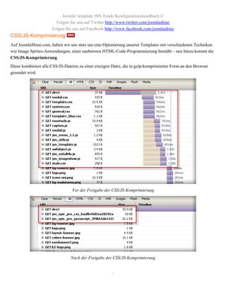 Joomla! template JSN Tendo Konfigurationshandbuch ©
                        Folgen Sie uns auf Twitter http://www.twitter.com/joomlashine
                      Folgen Sie uns auf Facebook http://www.facebook.com/joomlashine
CSS/JS-Komprimierung
Auf JoomlaShine.com, haben wir uns stets um eine Optimierung unserer Templates mit verschiedenen Techniken
wie Image Sprites-Anwendungen, einer saubereren HTML-Code-Programmierung bemüht – neu hinzu kommt die
CSS/JS-Komprimierung
Diese kombiniert alle CSS/JS-Dateien zu einer einzigen Datei, die in gzip-komprimierter Form an den Browser
gesendet wird.




                                 Vor der Freigabe der CSS/JS-Komprimierung




                                Nach der Freigabe der CSS/JS-Komprimierung


                                                      7
 