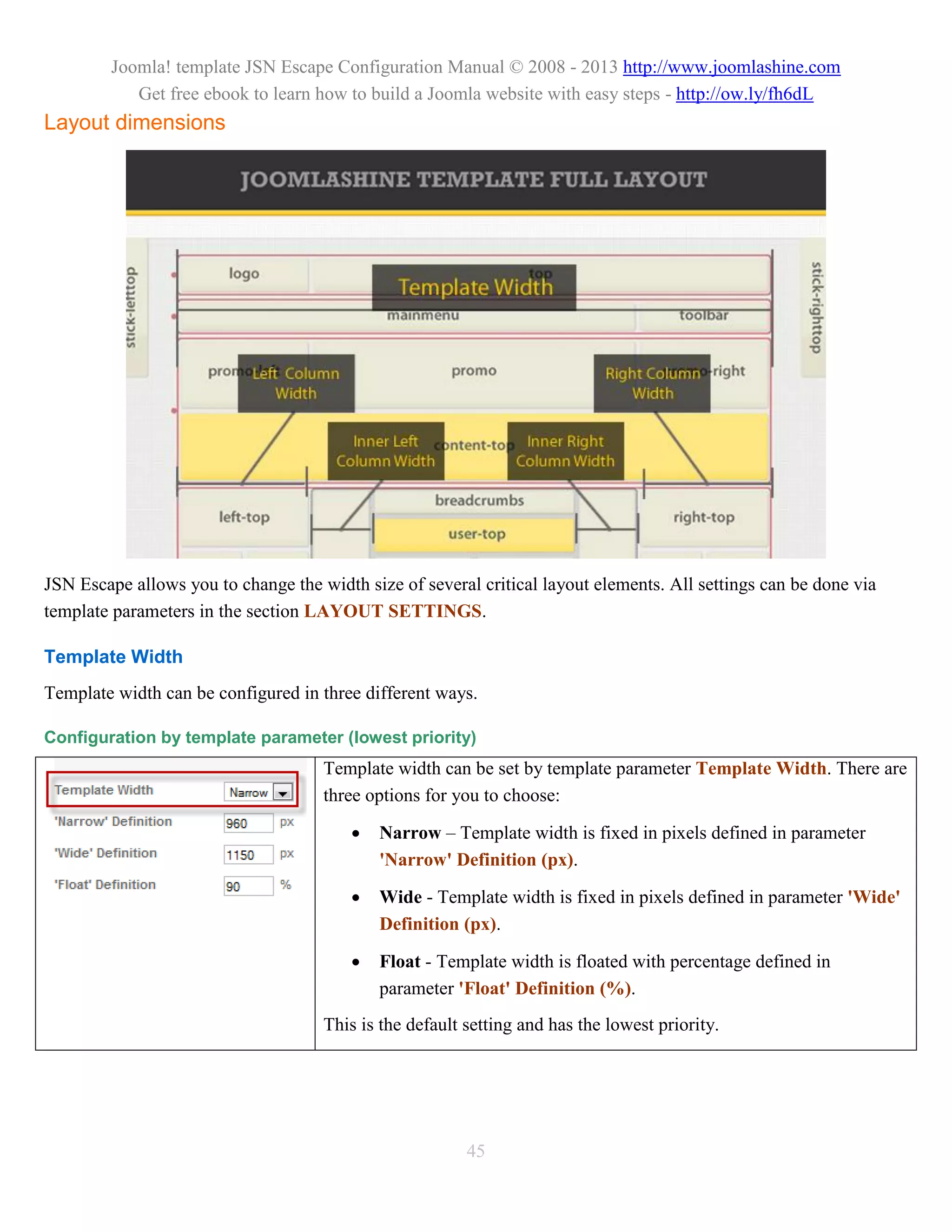 Joomla! template JSN Escape Configuration Manual © 2008 - 2013 http://www.joomlashine.com
            Get free ebook to learn how to build a Joomla website with easy steps - http://ow.ly/fh6dL
Layout dimensions




JSN Escape allows you to change the width size of several critical layout elements. All settings can be done via
template parameters in the section LAYOUT SETTINGS.

Template Width
Template width can be configured in three different ways.

Configuration by template parameter (lowest priority)
                                     Template width can be set by template parameter Template Width. There are
                                     three options for you to choose:

                                            Narrow – Template width is fixed in pixels defined in parameter
                                             'Narrow' Definition (px).

                                            Wide - Template width is fixed in pixels defined in parameter 'Wide'
                                             Definition (px).

                                            Float - Template width is floated with percentage defined in
                                             parameter 'Float' Definition (%).
                                     This is the default setting and has the lowest priority.




                                                         45
 