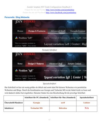 Joomla! template JSN Tendo Configurations Handbuch ©
                         Folgen Sie uns auf Twitter http://www.twitter.com/joomlashine
                       Finden Sie uns auf Facebook http://www.facebook.com/joomlashine

Personelle / Blog Webseite




                                              Normale Schriftart




                                               Spezialschriftart
Der Schriftstil ist hier ein wenig größer als üblich und somit ideal für kleinere Webseiten wie persönliche
Webseiten und Blogs. Durch die Kombination aus Georgia und Trebuchet MS ist der Inhalt leicht zu lesen und
wird dadurch stärker hervorgehoben. Darunter finden Sie eine Beschreibung für die jeweilige Schriftart:

                         Schriftart für PC (Standard)    Schriftart für Mac (Standard)       Spezialschriftart

Überschrift/Menütext               Georgia                            serif                       Lobster

Inhaltstext                     Trebuchet MS                       Helvetica                       N/A




                                                        65
 