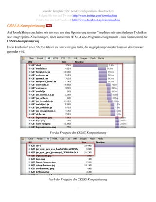 Joomla! template JSN Tendo Configurations Handbuch ©
                        Folgen Sie uns auf Twitter http://www.twitter.com/joomlashine
                      Finden Sie uns auf Facebook http://www.facebook.com/joomlashine

CSS/JS-Komprimierung
Auf JoomlaShine.com, haben wir uns stets um eine Optimierung unserer Templates mit verschiedenen Techniken
wie Image Sprites-Anwendungen, einer saubereren HTML-Code-Programmierung bemüht – neu hinzu kommt die
CSS/JS-Komprimierung
Diese kombiniert alle CSS/JS-Dateien zu einer einzigen Datei, die in gzip-komprimierter Form an den Browser
gesendet wird.




                                 Vor der Freigabe der CSS/JS-Komprimierung




                                Nach der Freigabe der CSS/JS-Komprimierung


                                                      7
 