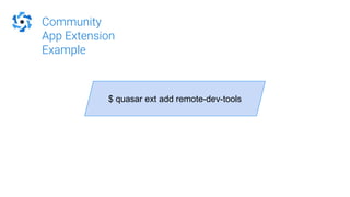 Community
App Extension
Example
$ quasar ext add remote-dev-tools
 