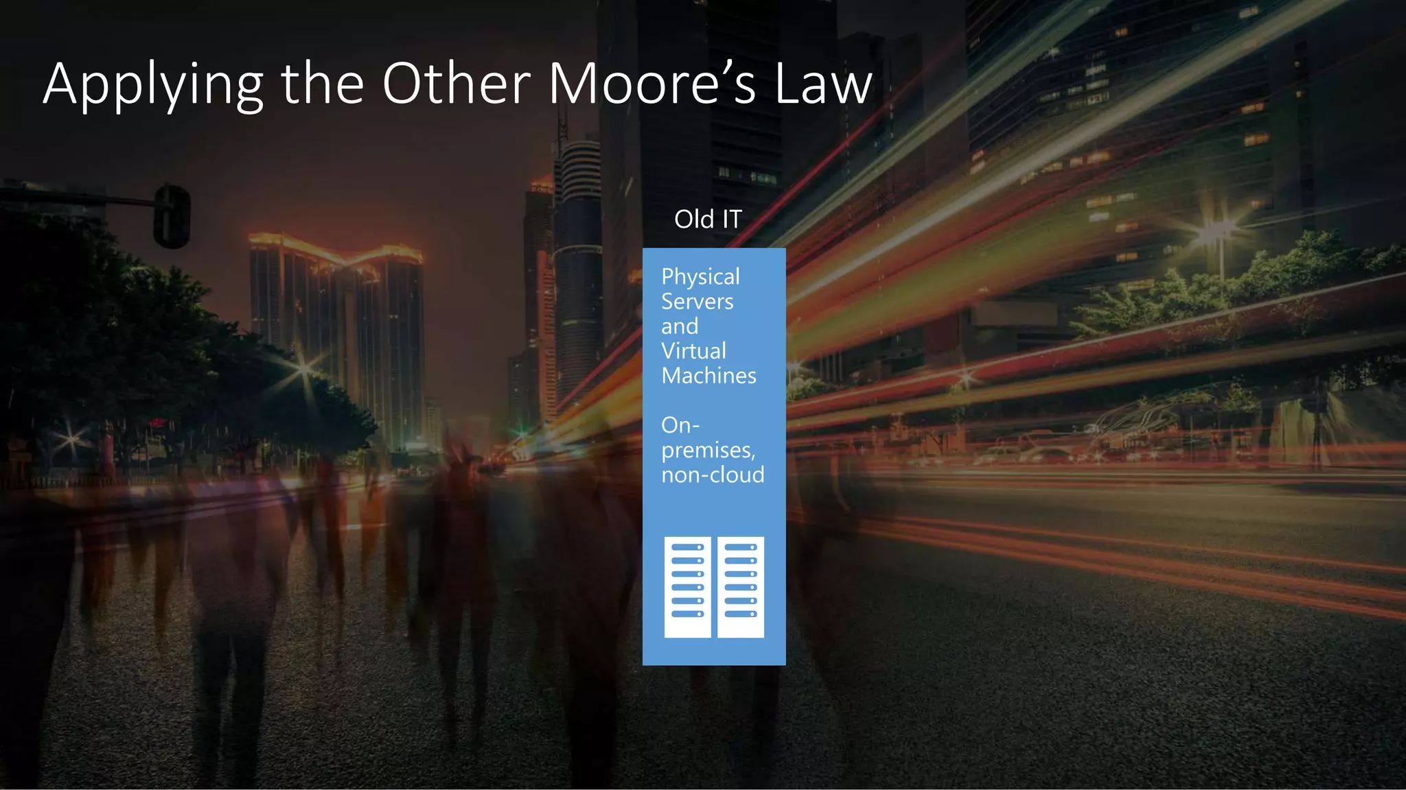 Physical
Servers
and
Virtual
Machines
On-
premises,
non-cloud
Old IT
 
