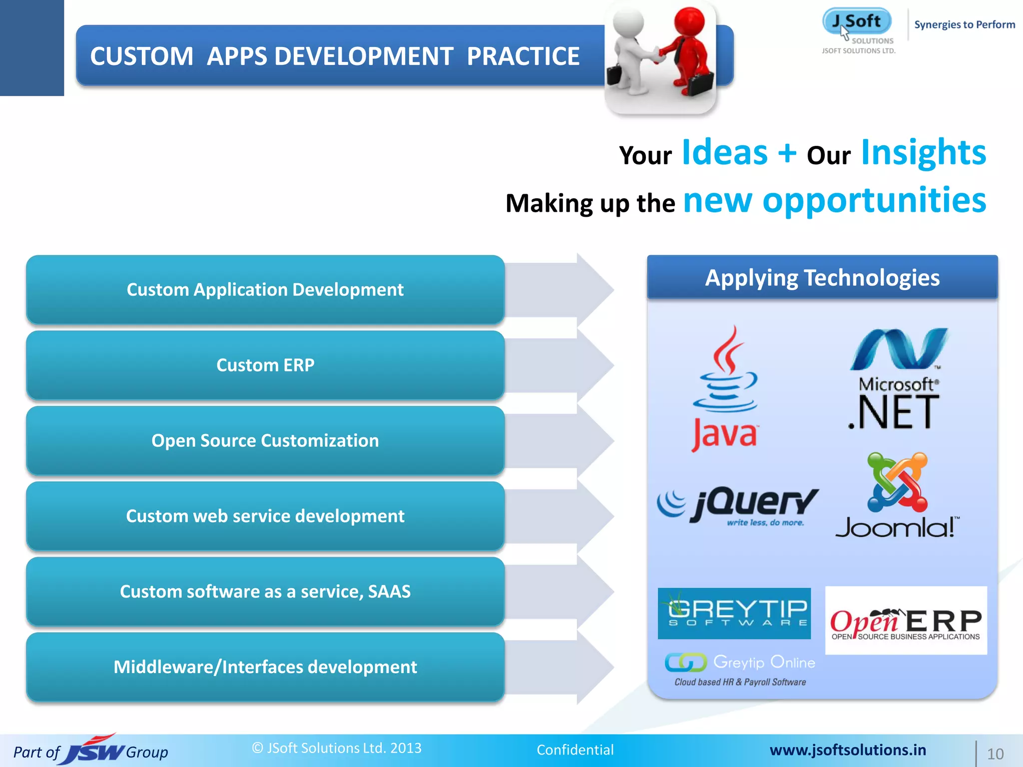 CUSTOM APPS DEVELOPMENT PRACTICE


                                                                      Ideas + Our Insights
                                                                         Your
                                                        Making up the new opportunities

            Custom Application Development
                                                                                Applying Technologies


                      Custom ERP


               Open Source Customization


            Custom web service development


           Custom software as a service, SAAS


           Middleware/Interfaces development



Part of     Group         © JSoft Solutions Ltd. 2013     Confidential               www.jsoftsolutions.in   10
 