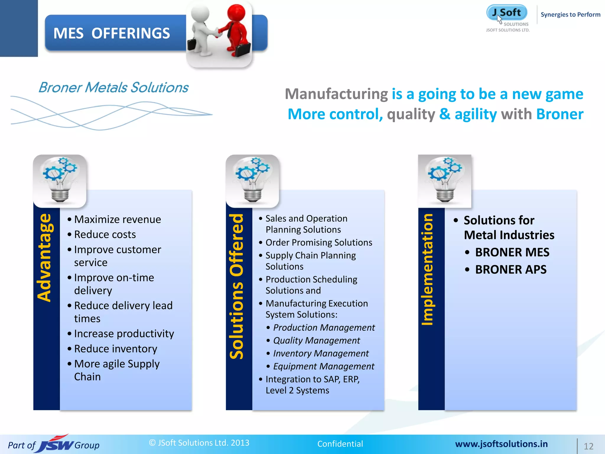 MES OFFERINGS


                                                                                         Manufacturing is a going to be a new game
                                                                                         More control, quality & agility with Broner
                  Broner solutions can:




                                                               Solutions Offered




                                                                                                                 Implementation
      Advantage




                  • Maximize revenue                                               • Sales and Operation                          • Solutions for
                                                                                     Planning Solutions
                  • Reduce costs
                                                                                   • Order Promising Solutions
                                                                                                                                    Metal Industries
                  • Improve customer                                               • Supply Chain Planning                          • BRONER MES
                    service                                                          Solutions                                      • BRONER APS
                  • Improve on-time                                                • Production Scheduling
                    delivery                                                         Solutions and
                  • Reduce delivery lead                                           • Manufacturing Execution
                    times                                                            System Solutions:
                                                                                     • Production Management
                  • Increase productivity
                                                                                     • Quality Management
                  • Reduce inventory                                                 • Inventory Management
                  • More agile Supply                                                • Equipment Management
                    Chain                                                          • Integration to SAP, ERP,
                                                                                     Level 2 Systems




Part of                   Group           © JSoft Solutions Ltd. 2013                           Confidential                      www.jsoftsolutions.in   12
 