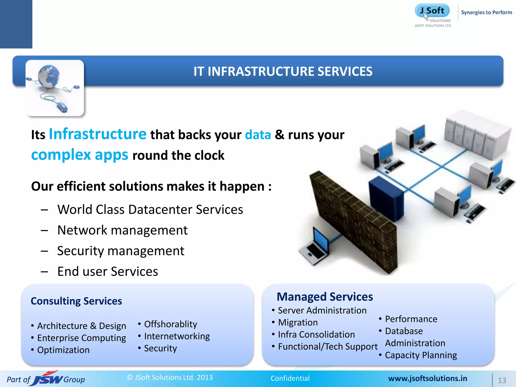 IT INFRASTRUCTURE SERVICES



          Its Infrastructure that backs your data & runs your
          complex apps round the clock
          Our efficient solutions makes it happen :
            –   World Class Datacenter Services
            –   Network management
            –   Security management
            –   End user Services
          Consulting Services                                       Managed Services
                                                                   • Server Administration
                                                                   • Migration              • Performance
          • Architecture & Design      • Offshorablity
                                                                   • Infra Consolidation    • Database
          • Enterprise Computing       • Internetworking
          • Optimization               • Security                  • Functional/Tech Support Administration
                                                                                            • Capacity Planning

Part of          Group              © JSoft Solutions Ltd. 2013    Confidential               www.jsoftsolutions.in   13
 