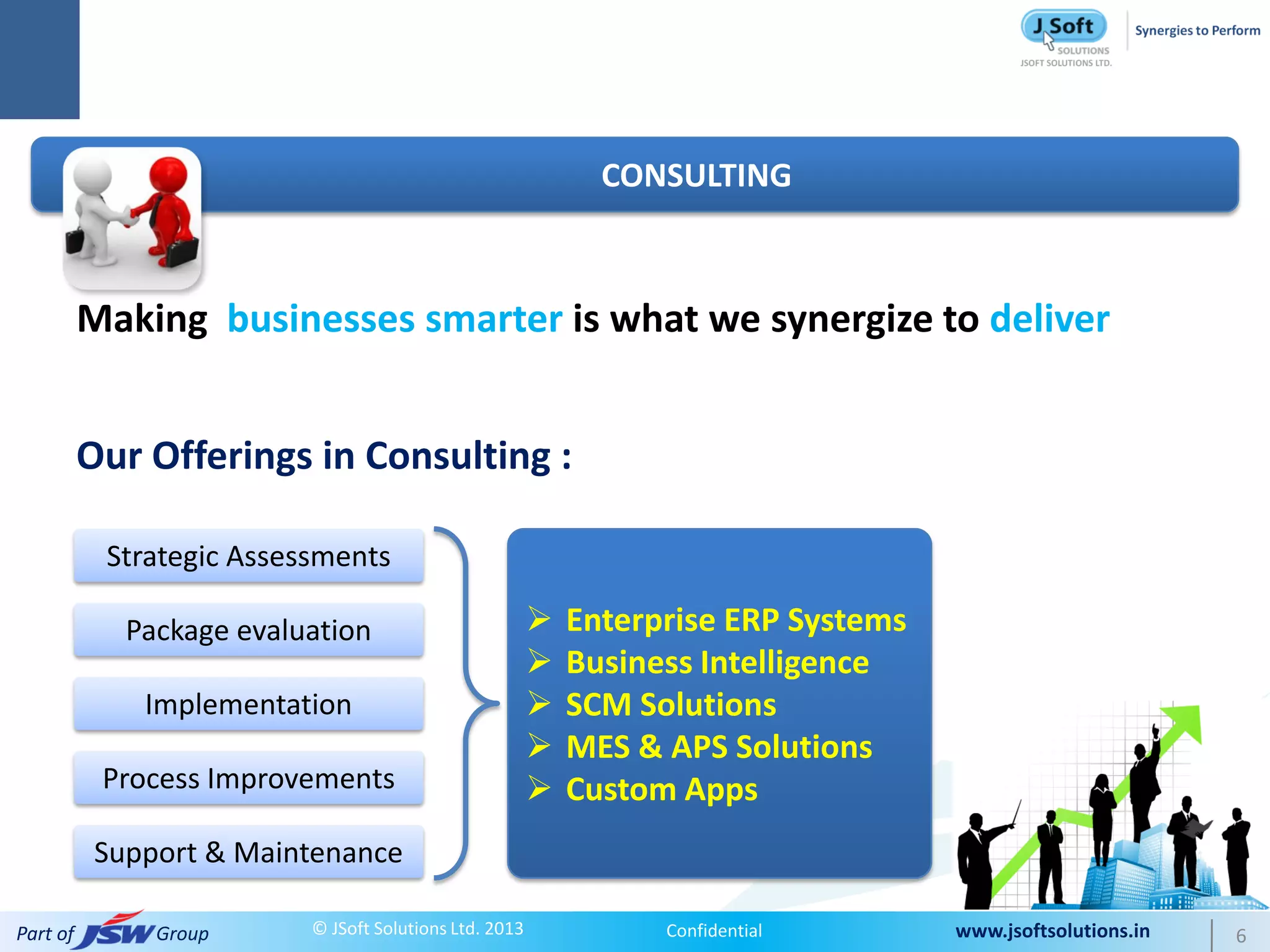 CONSULTING



          Making businesses smarter is what we synergize to deliver


          Our Offerings in Consulting :

           Strategic Assessments

             Package evaluation                            Enterprise ERP Systems
                                                           Business Intelligence
              Implementation                               SCM Solutions
                                                           MES & APS Solutions
           Process Improvements                            Custom Apps
           Support & Maintenance

Part of        Group      © JSoft Solutions Ltd. 2013             Confidential       www.jsoftsolutions.in   6
 