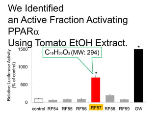 0
500
1000
1500
control RF54 RF55 RF56 RF57 RF58 RF59 GW
RelativeLuciferaseActivity
(%ofcontrol)
RF57
*
*
C18H30O3 (MW: 294)
We Identified
an Active Fraction Activating
PPARa
Using Tomato EtOH Extract.
 