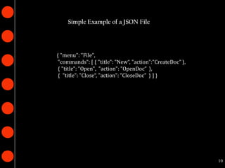 Simple Example of a JSON File




{ "menu": "File",
 "commands": [ { "title": "New“, "action":"CreateDoc” },
 { "title": "Open", "action": "OpenDoc” },
 { "title": "Close“, "action": "CloseDoc” } ] }




                                                           10
 