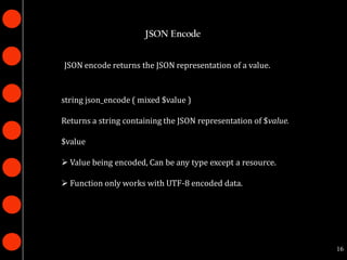 JSON Encode


JSON encode returns the JSON representation of a value.


string json_encode ( mixed $value )

Returns a string containing the JSON representation of $value.

$value

 Value being encoded, Can be any type except a resource.

 Function only works with UTF-8 encoded data.




                                                                 16
 
