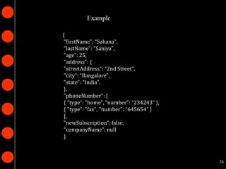 Example

{
 "firstName": “Sahana",
 "lastName": "Saniya",
 "age": 25,
 "address": {
 "streetAddress": “2nd Street",
 "city": “Bangalore",
 "state": “India",
 },
 "phoneNumber": [
 { "type": "home", "number": “234243" },
 { "type": "fax", "number": “645654" }
 ],
 "newSubscription": false,
 "companyName": null
 }



                                           24
 