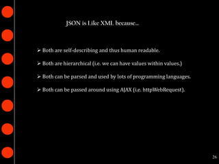 JSON is Like XML because…



 Both are self-describing and thus human readable.

 Both are hierarchical (i.e. we can have values within values.)

 Both can be parsed and used by lots of programming languages.

 Both can be passed around using AJAX (i.e. httpWebRequest).




                                                                   26
 