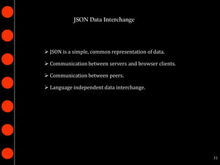 JSON Data Interchange




 JSON is a simple, common representation of data.

 Communication between servers and browser clients.

 Communication between peers.

 Language independent data interchange.




                                                       31
 
