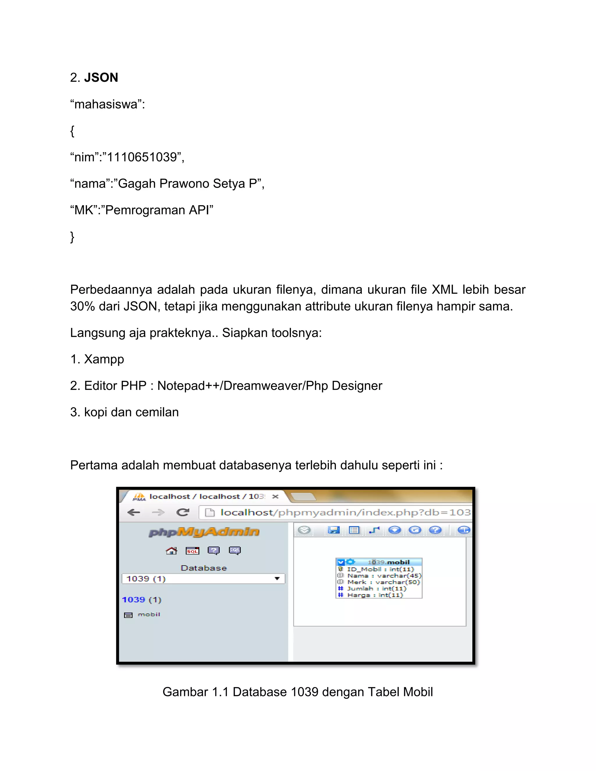 2. JSON
“mahasiswa”:
{
“nim”:”1110651039”,
“nama”:”Gagah Prawono Setya P”,
“MK”:”Pemrograman API”
}
Perbedaannya adalah pada ukuran filenya, dimana ukuran file XML lebih besar
30% dari JSON, tetapi jika menggunakan attribute ukuran filenya hampir sama.
Langsung aja prakteknya.. Siapkan toolsnya:
1. Xampp
2. Editor PHP : Notepad++/Dreamweaver/Php Designer
3. kopi dan cemilan
Pertama adalah membuat databasenya terlebih dahulu seperti ini :
Gambar 1.1 Database 1039 dengan Tabel Mobil
 