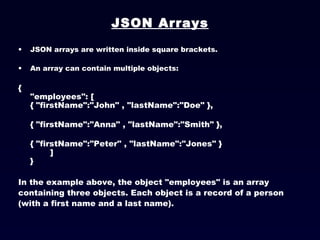 JSON Arrays JSON arrays are written inside square brackets. An array can contain multiple objects: { "employees": [ { "firstName":"John" , "lastName":"Doe" },  { "firstName":"Anna" , "lastName":"Smith" },  { "firstName":"Peter" , "lastName":"Jones" } ] }  In the example above, the object "employees" is an array containing three objects. Each object is a record of a person (with a first name and a last name).  