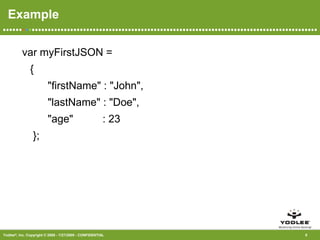 Example var myFirstJSON ={       &quot;firstName&quot; : &quot;John&quot;,   &quot;lastName&quot; : &quot;Doe&quot;,   &quot;age&quot;       : 23 };