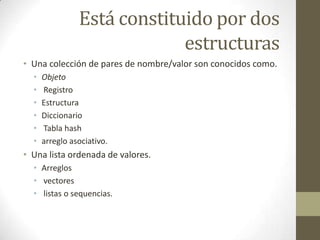 Está constituido por dos
                             estructuras
• Una colección de pares de nombre/valor son conocidos como.
  •   Objeto
  •   Registro
  •   Estructura
  •   Diccionario
  •   Tabla hash
  •   arreglo asociativo.
• Una lista ordenada de valores.
  • Arreglos
  • vectores
  • listas o sequencias.
 