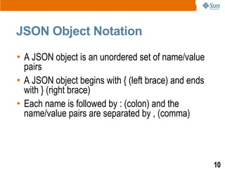 JSON Object Notation
• A JSON object is an unordered set of name/value
  pairs
• A JSON object begins with { (left brace) and ends
  with } (right brace)
• Each name is followed by : (colon) and the
  name/value pairs are separated by , (comma)




                                                      10
 
