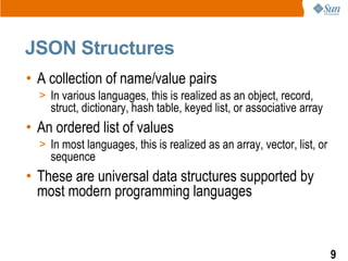 JSON Structures
• A collection of name/value pairs
  > In various languages, this is realized as an object, record,
    struct, dictionary, hash table, keyed list, or associative array
• An ordered list of values
  > In most languages, this is realized as an array, vector, list, or
    sequence
• These are universal data structures supported by
  most modern programming languages


                                                                        9
 