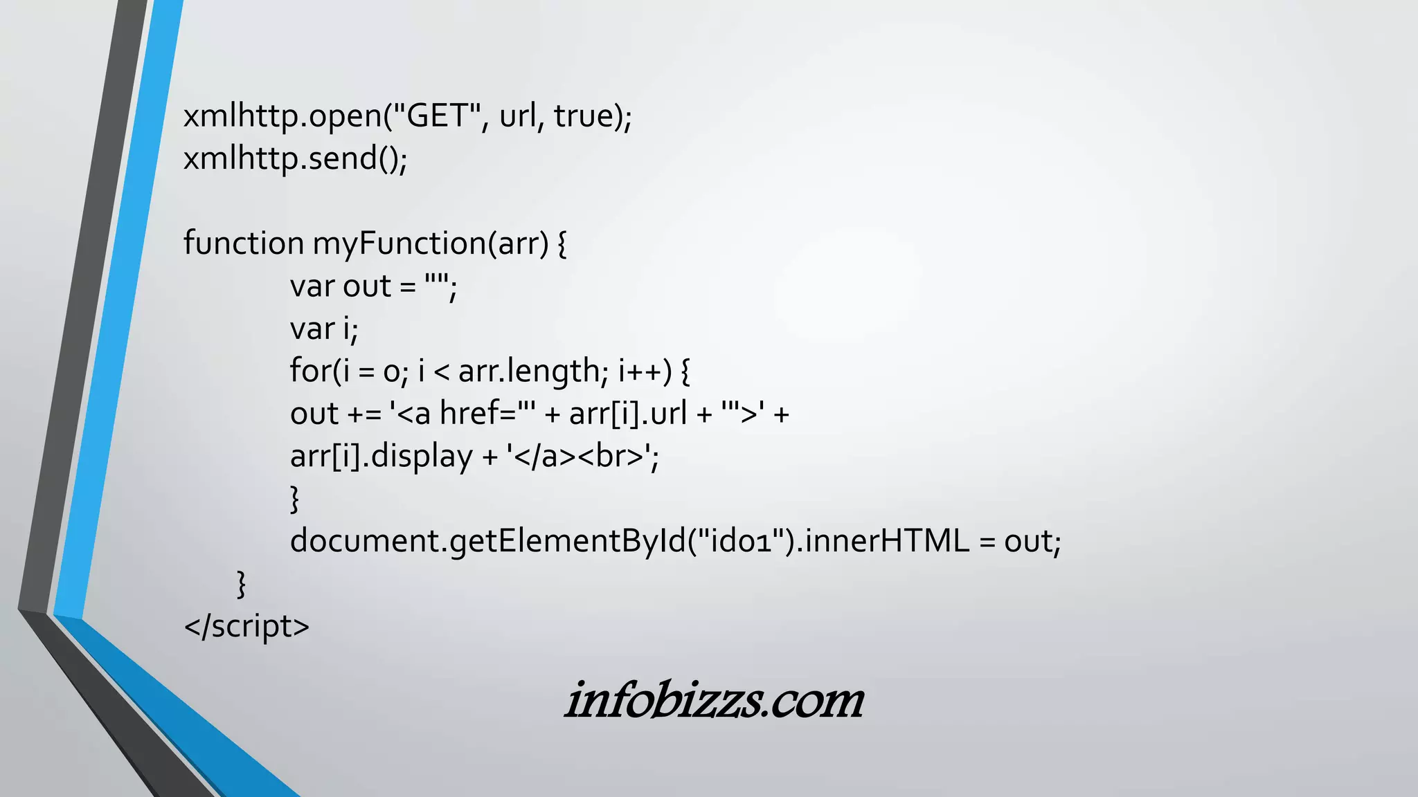 xmlhttp.open("GET", url, true);
xmlhttp.send();
function myFunction(arr) {
var out = "";
var i;
for(i = 0; i < arr.length; i++) {
out += '<a href="' + arr[i].url + '">' +
arr[i].display + '</a><br>';
}
document.getElementById("id01").innerHTML = out;
}
</script>
infobizzs.com
 