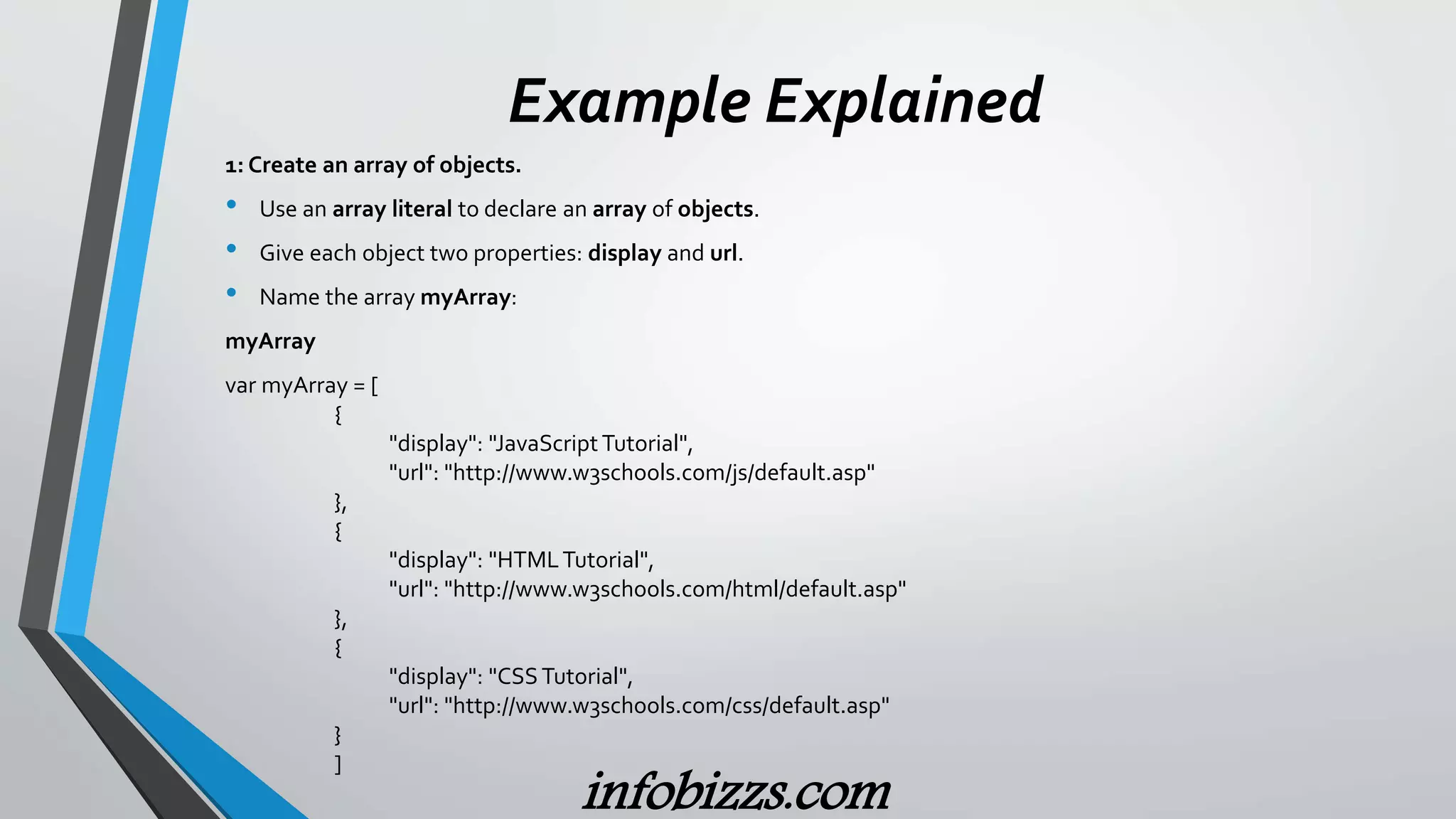 Example Explained
1: Create an array of objects.
&bull; Use an array literal to declare an array of objects.
&bull; Give each object two properties: display and url.
&bull; Name the array myArray:
myArray
var myArray = [
{
"display": "JavaScriptTutorial",
"url": "http://www.w3schools.com/js/default.asp"
},
{
"display": "HTMLTutorial",
"url": "http://www.w3schools.com/html/default.asp"
},
{
"display": "CSSTutorial",
"url": "http://www.w3schools.com/css/default.asp"
}
]
infobizzs.com
 