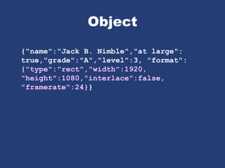 Object
{"name":"Jack B. Nimble","at large":
true,"grade":"A","level":3, "format":
{"type":"rect","width":1920,
"height":1080,"interlace":false,
"framerate":24}}
 