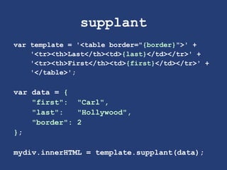 supplant
var template = '<table border="{border}">' +
'<tr><th>Last</th><td>{last}</td></tr>' +
'<tr><th>First</th><td>{first}</td></tr>' +
'</table>';
var data = {
"first": "Carl",
"last": "Hollywood",
"border": 2
};
mydiv.innerHTML = template.supplant(data);
 