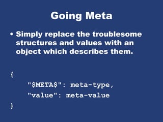 Going Meta
• Simply replace the troublesome
structures and values with an
object which describes them.
{
"$META$": meta-type,
"value": meta-value
}
 