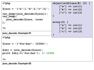 <?php
$json = '{"a":1,"b":2,"c":3}';
var_dump(json_decode($json));
var_dump(
  json_decode($json, true)
);
?> 
<?php
$json = '{"foo-bar": 12345}';
$obj = json_decode($json);
print $obj->{'foo-bar'}; // 12345
?>
object(stdClass)#1 (3) {
    ["a"] => int(1)
    ["b"] => int(2)
    ["c"] => int(3)
}
array(3) {
    ["a"] => int(1)
    ["b"] => int(2)
    ["c"] => int(3)
}
json_decode: Example #1
json_decode: Example #2
 