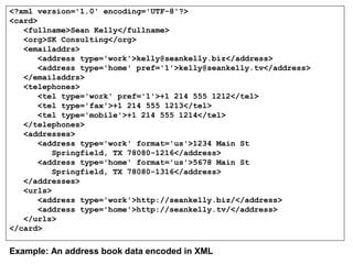 <?xml version='1.0' encoding='UTF-8'?>
<card>
<fullname>Sean Kelly</fullname>
<org>SK Consulting</org>
<emailaddrs>
<address type='work'>kelly@seankelly.biz</address>
<address type='home' pref='1'>kelly@seankelly.tv</address>
</emailaddrs>
<telephones>
<tel type='work' pref='1'>+1 214 555 1212</tel>
<tel type='fax'>+1 214 555 1213</tel>
<tel type='mobile'>+1 214 555 1214</tel>
</telephones>
<addresses>
<address type='work' format='us'>1234 Main St
Springfield, TX 78080-1216</address>
<address type='home' format='us'>5678 Main St
Springfield, TX 78080-1316</address>
</addresses>
<urls>
<address type='work'>http://seankelly.biz/</address>
<address type='home'>http://seankelly.tv/</address>
</urls>
</card>
Example: An address book data encoded in XML
 