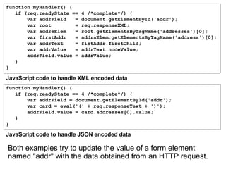 function myHandler() {
if (req.readyState == 4 /*complete*/) {
var addrField = document.getElementById('addr');
var root = req.responseXML;
var addrsElem = root.getElementsByTagName('addresses')[0];
var firstAddr = addrsElem.getElementsByTagName('address')[0];
var addrText = fistAddr.firstChild;
var addrValue = addrText.nodeValue;
addrField.value = addrValue;
}
}
JavaScript code to handle XML encoded data
function myHandler() {
if (req.readyState == 4 /*complete*/) {
var addrField = document.getElementById('addr');
var card = eval('(' + req.responseText + ')');
addrField.value = card.addresses[0].value;
}
}
JavaScript code to handle JSON encoded data
Both examples try to update the value of a form element
named "addr" with the data obtained from an HTTP request.
 